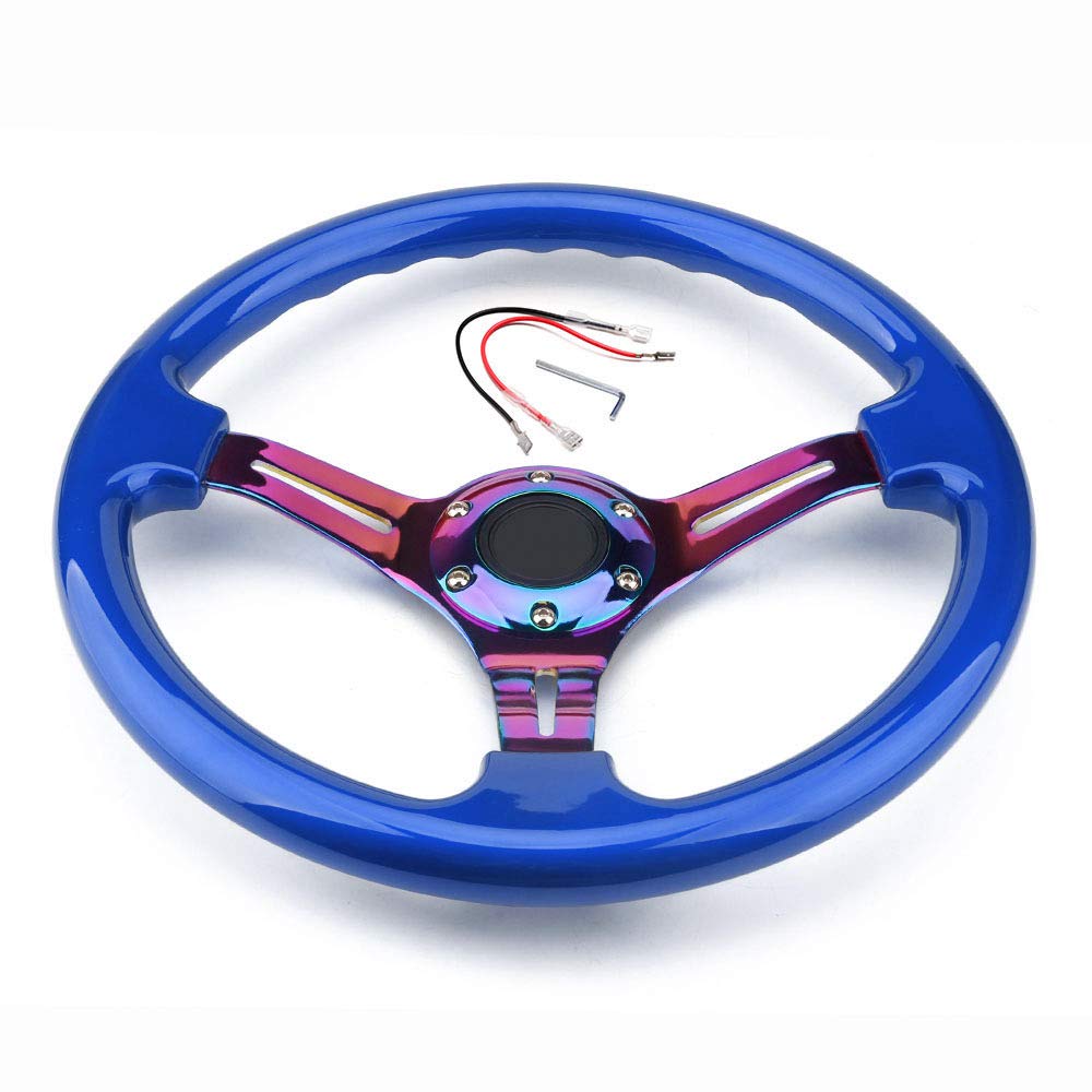 350mm Green Racing Steering Wheel Neo Chrome Spoke Universal 6 Bolts 45mm Deep Dish Classic ABS Wood Steering Wheel with Horn Button