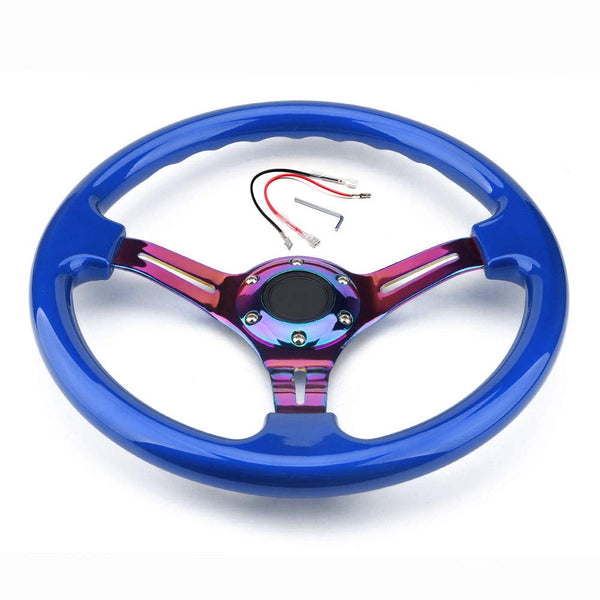 350mm Green Racing Steering Wheel Neo Chrome Spoke Universal 6 Bolts 45mm Deep Dish Classic ABS Wood Steering Wheel with Horn Button