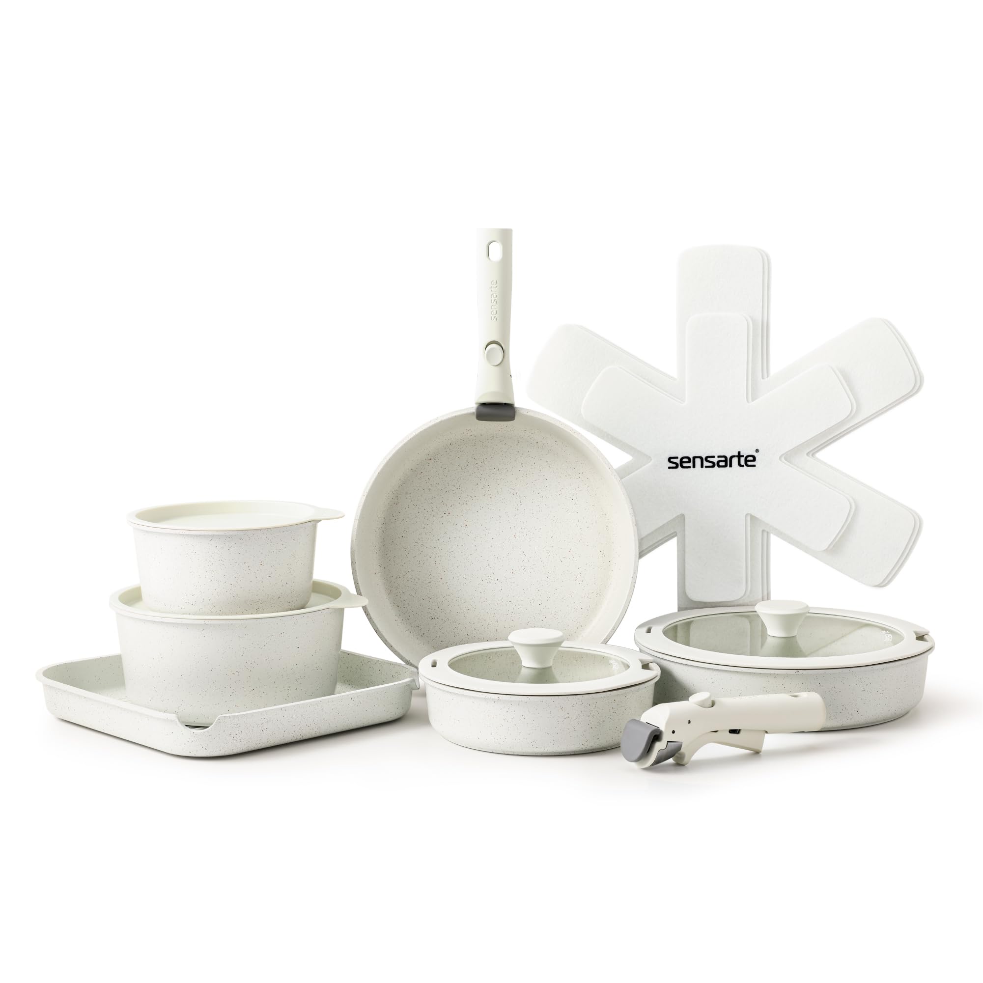 SENSARTE 17 Piece Pots and Pans Set, Nonstick Detachable Handle Cookware, Induction Kitchen Cookware Set with Removable Handle, Healthy Non Stick RV Cookware, Oven Safe (Black)