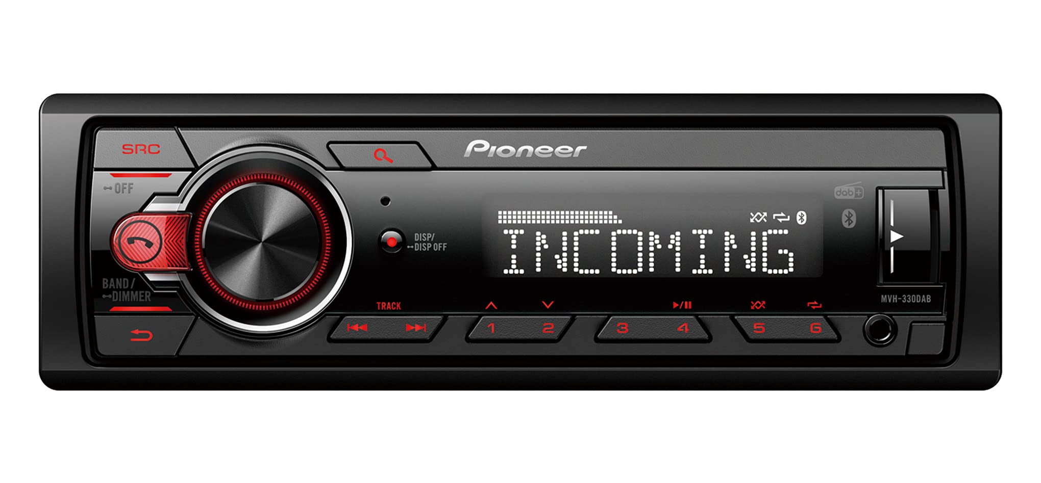 Pioneer MVH-330DAB 1-DIN receiver with DAB/DAB+, Bluetooth, Red illumination, USB and compatible with Android devices.