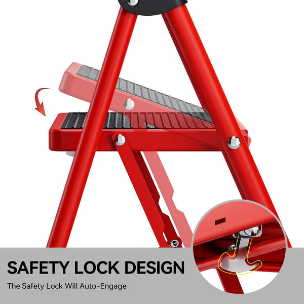 KINGRACK 2 Step Ladder with Handrail, Non-Slip Household Ladder with Folding Safety, Aluminium Folding Step Stool, Maximum Load 150 kg, Black