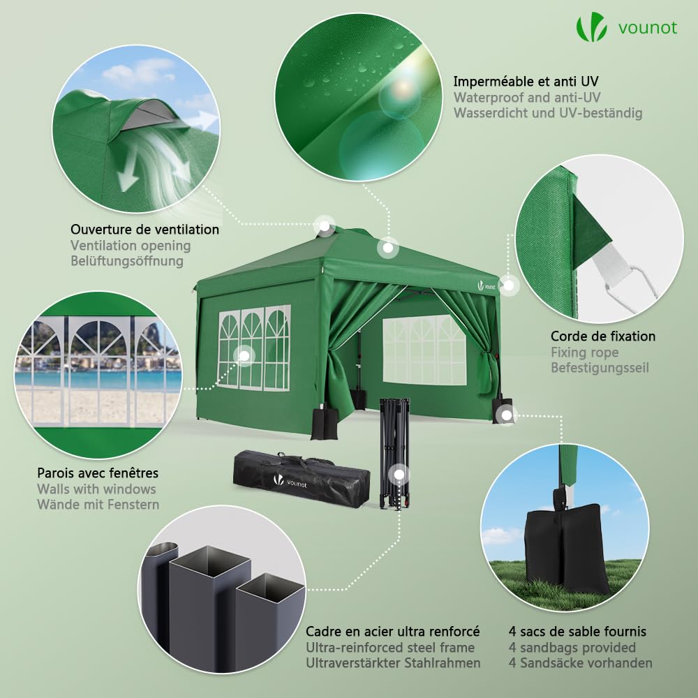 VOUNOT® 3m x 3m Pop Up Heavy Duty Gazebo with Sides, Central Lock System & 4 Weight Bags & Carry Bag, Marquee Garden Party Tent Outdoor, Green