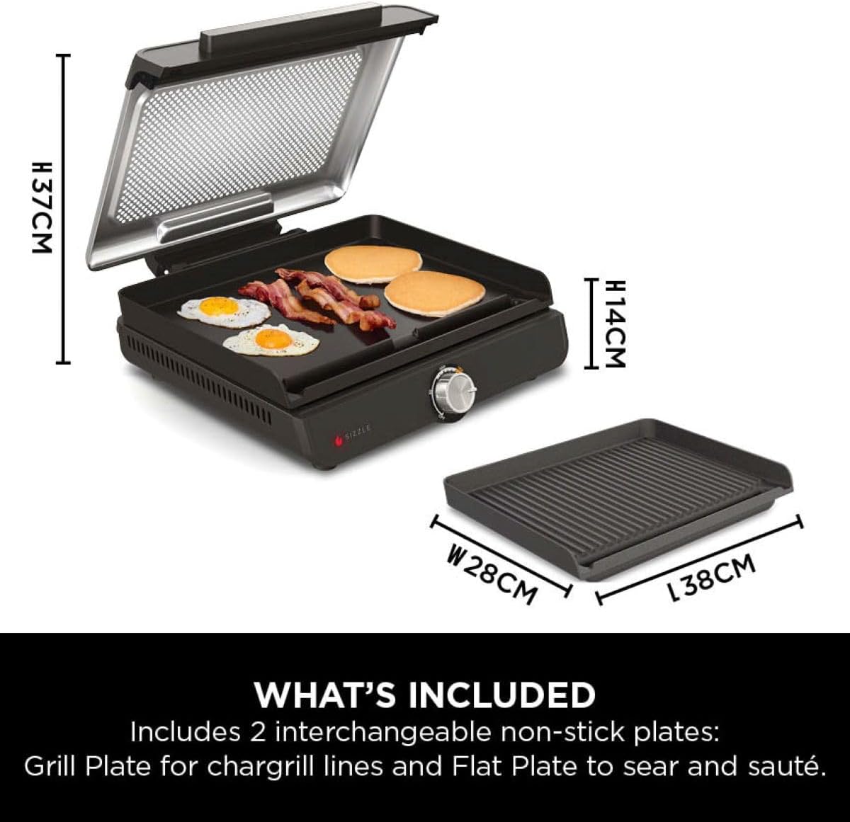 Ninja Sizzle Low Smoke Electric Indoor Grill & Flat Plate, 1460W, with Non-Stick Grill Plate & Flat Top Plate, Detachable Dishwasher Safe Lid, Grease Catch & Recipe Guide, Grey GR101UK
