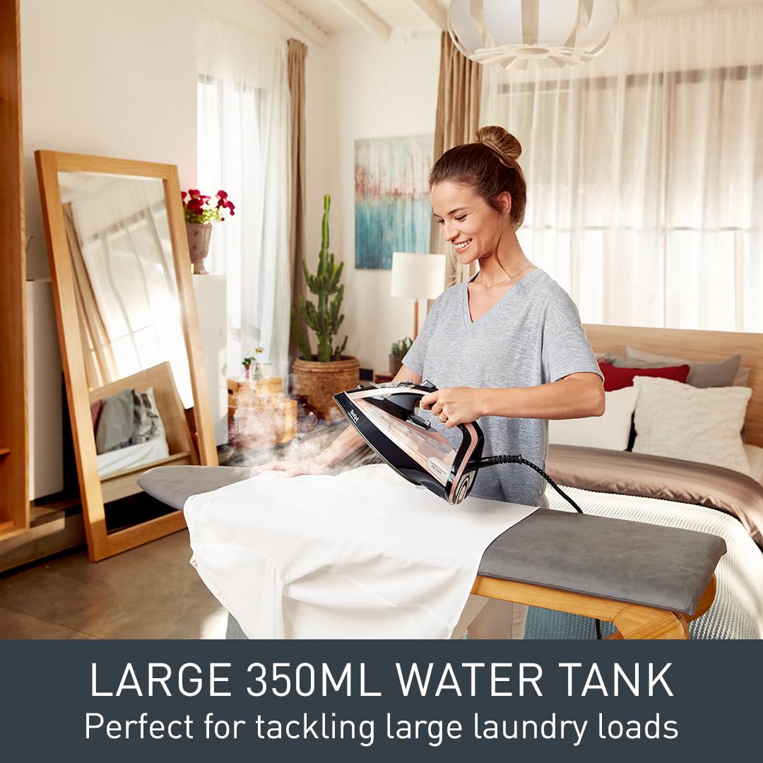 Tefal Ultimate Pure Steam Iron, 3100W, 260g/min Steam Boost, 350ml Water Tank, 3m Cord, Non-Stick Durilium Soleplate, Anti Scale, Anti-drip, Black and Rose Gold FV9845G0