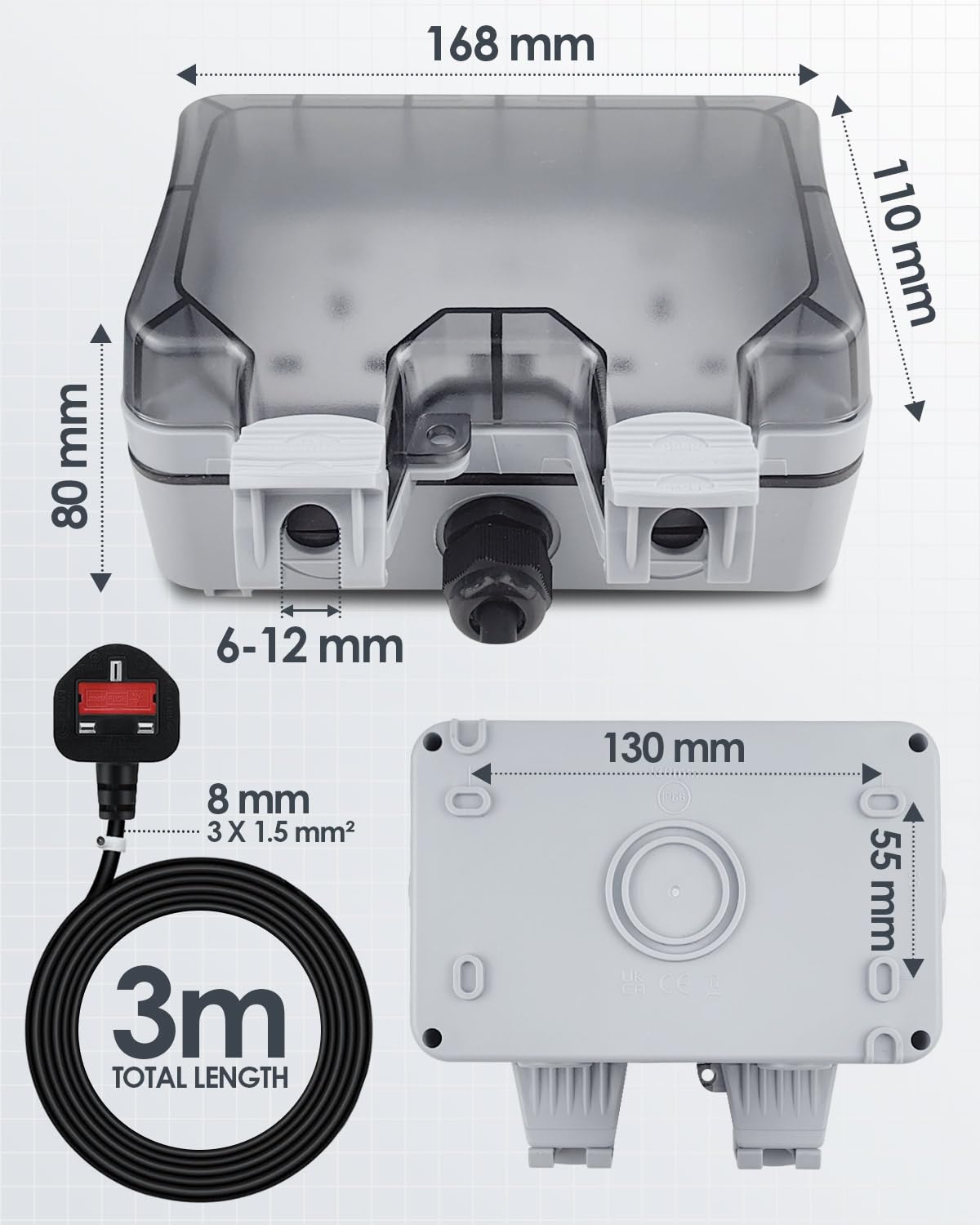 Zenmos Double Outdoor Socket 3M Extension Lead, Outdoor Plug Sockets Waterproof IP66, 13Amp 2 Gang Outside Plug Socket Waterproof, Switch Indicator Light Garden Wall Electrical Outlet Cover Box