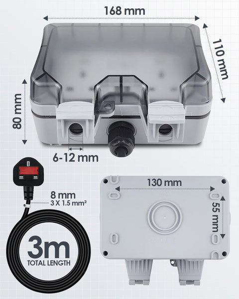 Zenmos Double Outdoor Socket 3M Extension Lead, Outdoor Plug Sockets Waterproof IP66, 13Amp 2 Gang Outside Plug Socket Waterproof, Switch Indicator Light Garden Wall Electrical Outlet Cover Box
