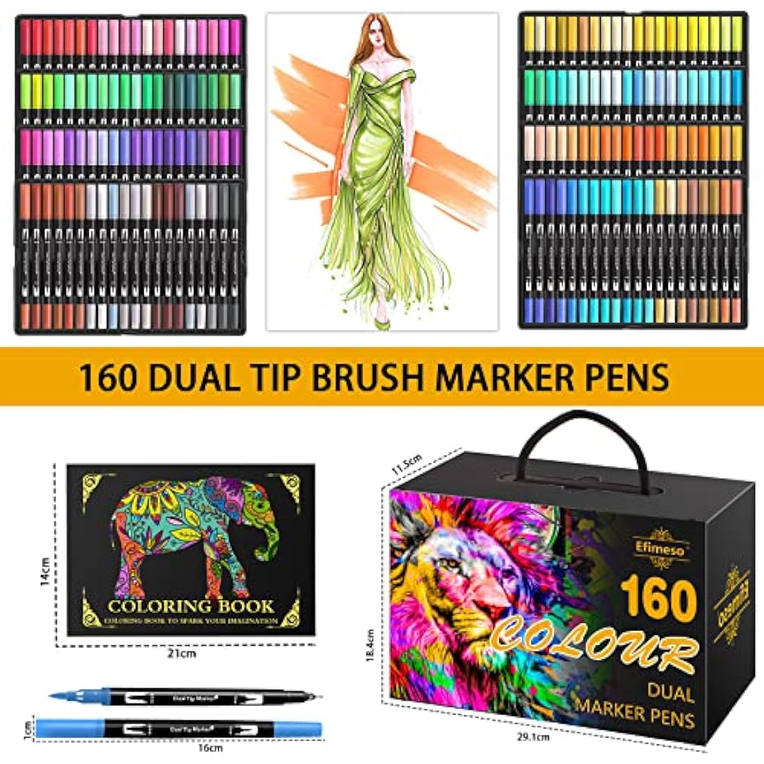 Efimeso 160 Colour Felt Brush Tip Pens, Dual Tip Brush Marker,Colouring Pens Fineliners Art Supplies for Drawing Sketching Colouring Book