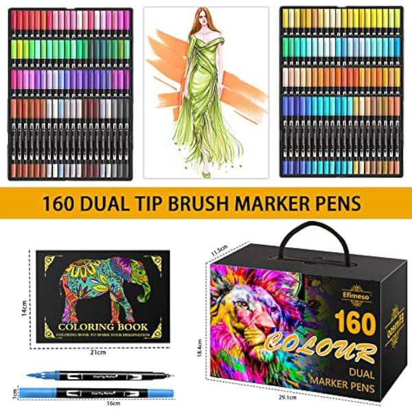 Efimeso 160 Colour Felt Brush Tip Pens, Dual Tip Brush Marker,Colouring Pens Fineliners Art Supplies for Drawing Sketching Colouring Book