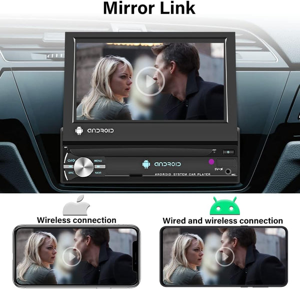 7" Android 10 Single Din 1Din Car Stereo 7 Inch Manual Flip Out Touch Screen Car Radio Bluetooth with Sat Nav Mirror Link WIFI GPS FM RDS SWC USB + External Microphone + Reverse Camera