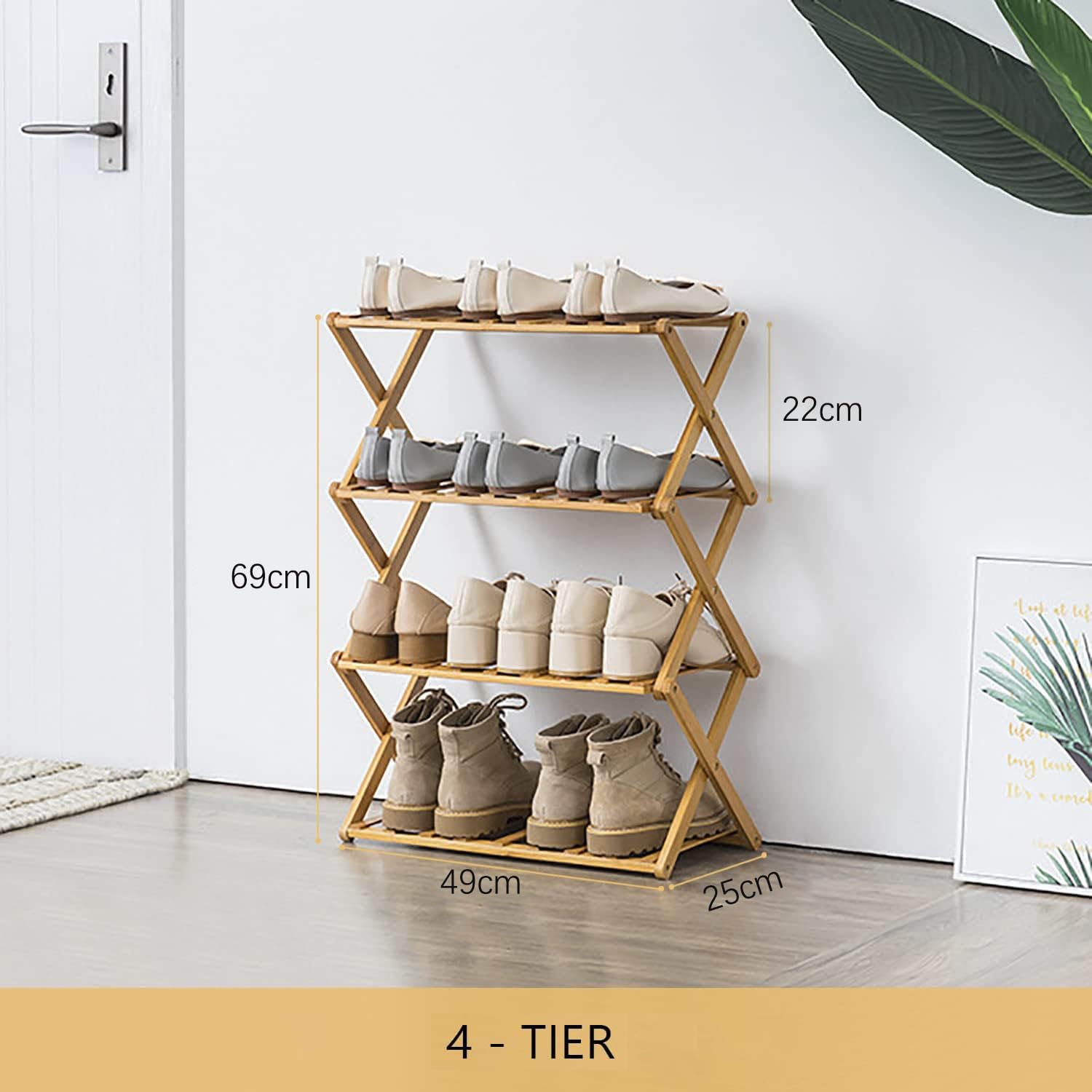 Glsety 4 Tier Bamboo Shoe Rack,Portable Folding Shoe Storage Rack,Without Installation Small Shoe Rack Perfect for Corridors, Bedrooms and Small
