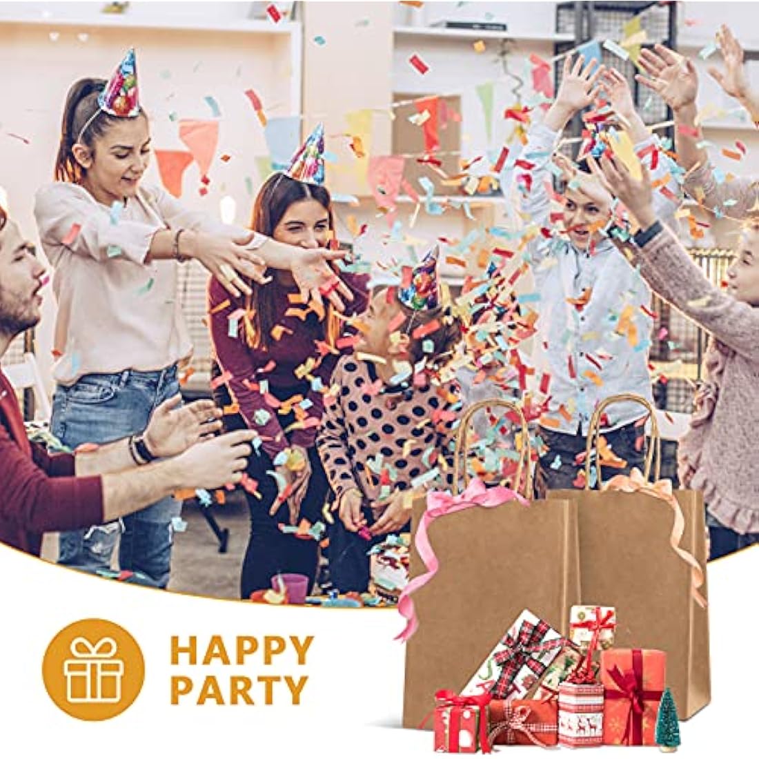 HAUSPROFI 25pcs Kraft Paper Bags for Gifts, Food & Sweets, Strong Carrier Bags with Twisted Handles for Kid Parties, Weddings, 27x21x11cm, Thicken 130gsm