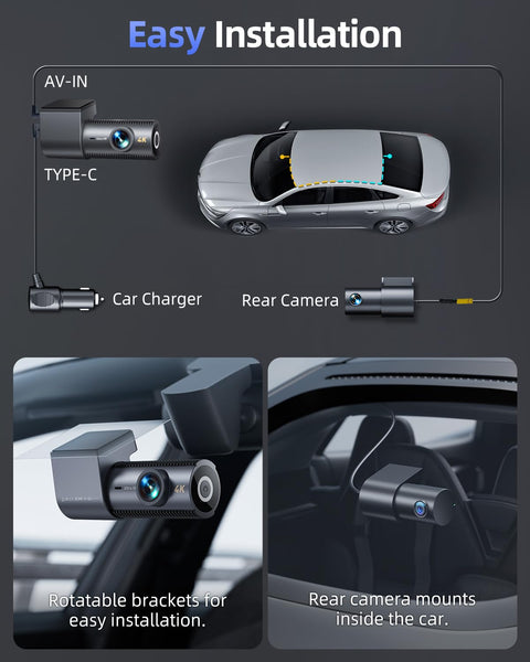 Dash Cam Front and Rear, 4K Dashcam with 64GB SD Card, 1.5'' IPS Display Dual Car Camera with 5GHz Wi-Fi, 24/7 Parking Mode, G-Sensor, Night Vision, 170° Wide Angle, Loop Recording, App Control