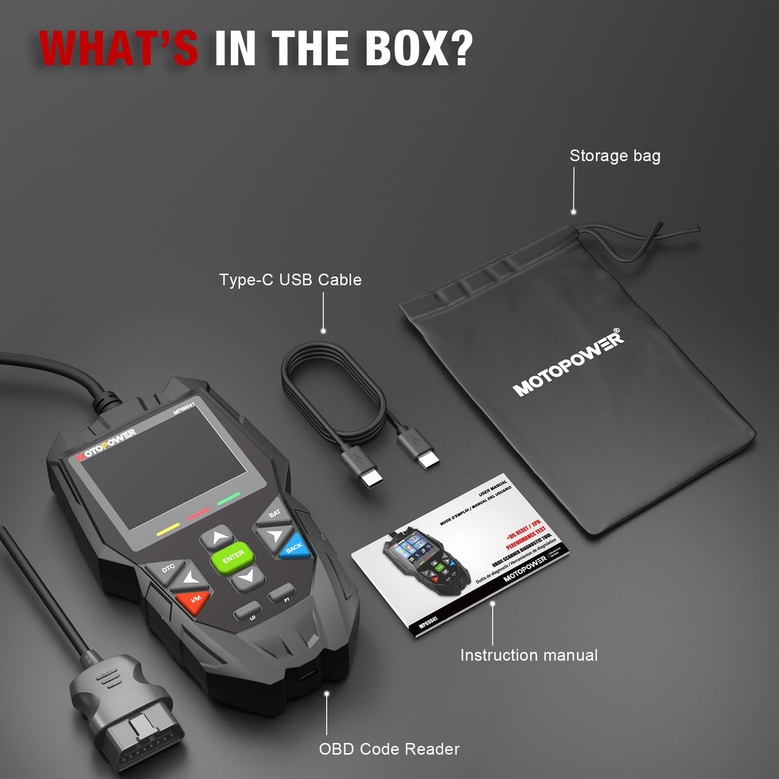 MOTOPOWER MP69041 5 in 1 Car OBD2 Scanner Check Engine Fault Code Reader Diagnostic Scan Tool, Oil Maintenance Reset, EPB Reset, Battery Test, Performance Test