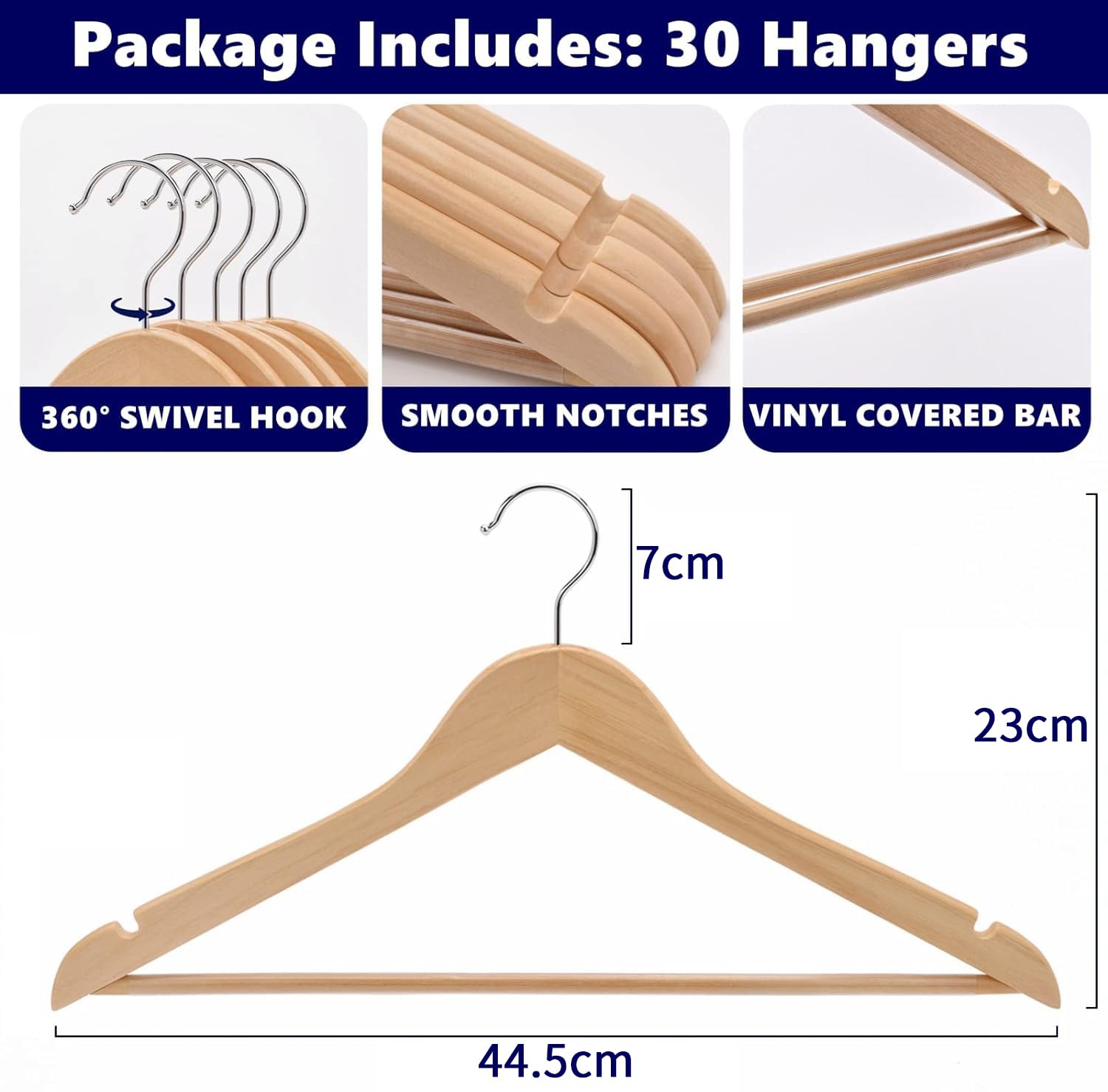 Amber Home 44.5cm Natural Wooden Coat Hanger 30pcs, Space Saving Wood Clothes Hanger with Non Slip Pants Bar and Shoulder Notches, Suit Hangers Racks