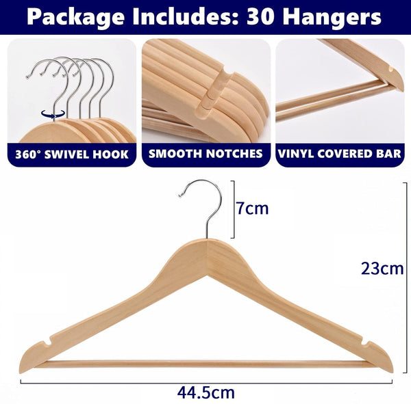 Amber Home 44.5cm Natural Wooden Coat Hanger 30pcs, Space Saving Wood Clothes Hanger with Non Slip Pants Bar and Shoulder Notches, Suit Hangers Racks