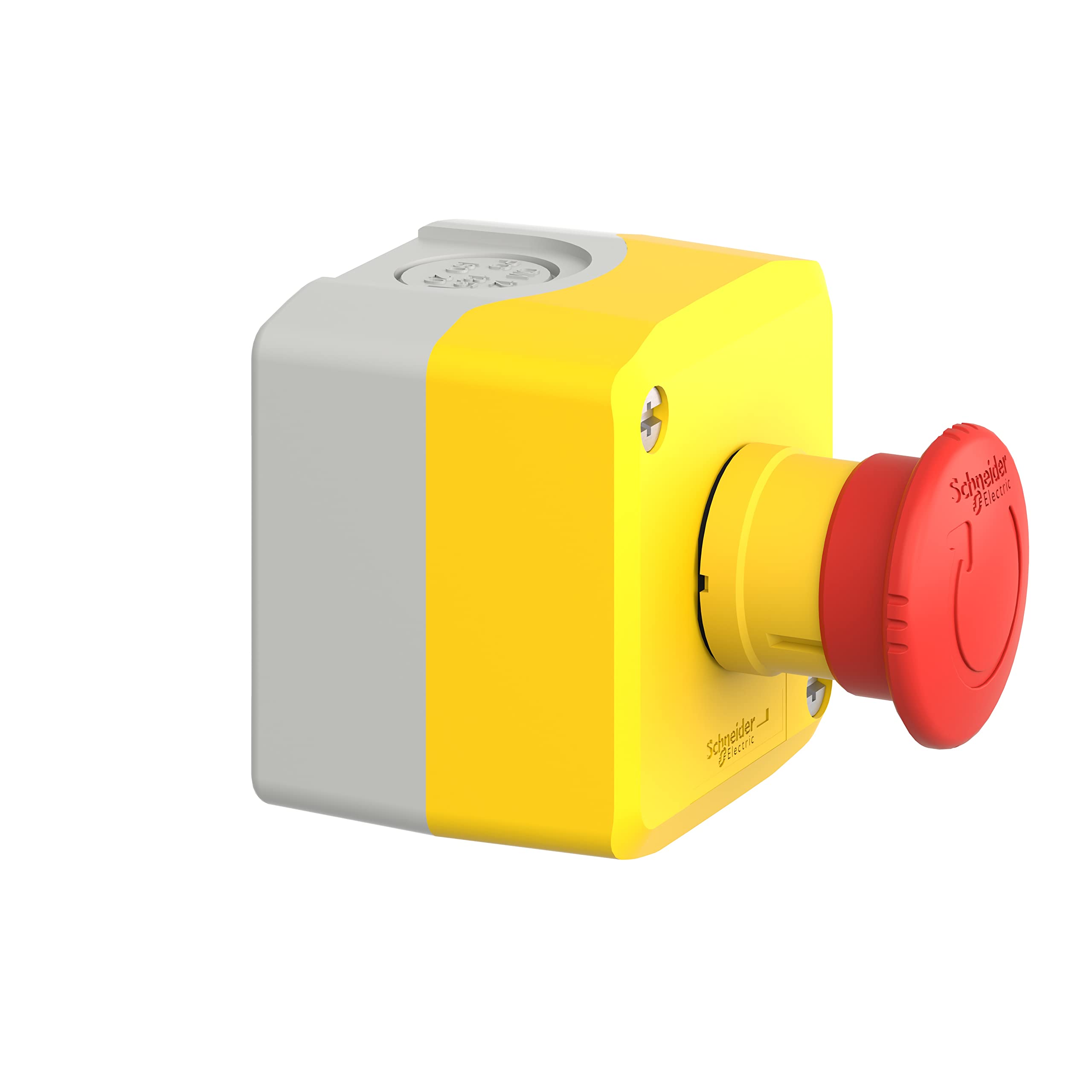 Schneider Electric Control station, plastic, yellow lid, 1 red mushroom push button Ø40, key release, 1 NO + 2 NC