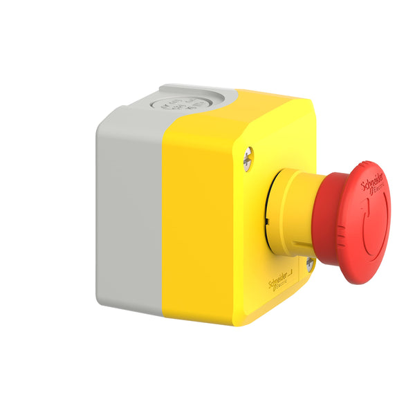 Schneider Electric Control station, plastic, yellow lid, 1 red mushroom push button Ø40, key release, 1 NO + 2 NC