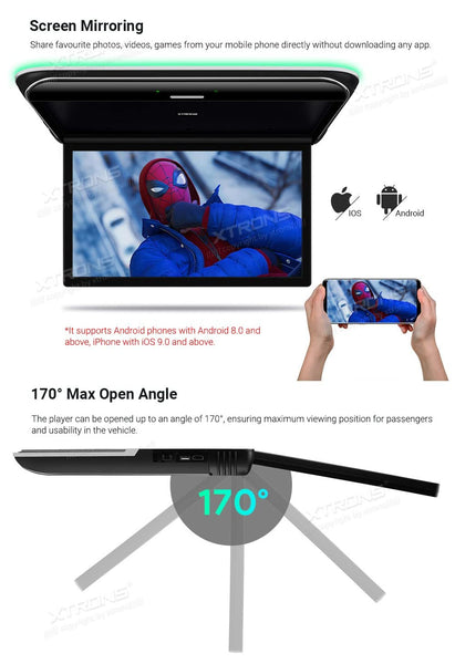 XTRONS Android Car Overhead Player 19.5 Inch Octa Core Car Roof Mount Monitor Wide IPS Screen 8K Video Built-in Stereo Speakers Flip Down Overhead Car Monitor Support 4G WiFi HDMI Input USB RCA Input