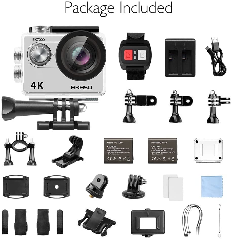 AKASO EK7000 Action Camera Floating Hand Grip Bundle - Includes 4K30FPS EK7000 Underwater Camera, Floating Hand Grip, 2 Batteries, Carrying Case, and Accessory Kits