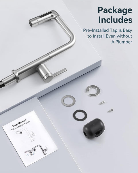 Warmiehomy 5 Modes Kitchen Taps Mixer with Pull Out Spray,High Arc 360° Swivel Dual Spout Pull Down Stainless Steel Kitchen Sink Taps,Brushed Nickel