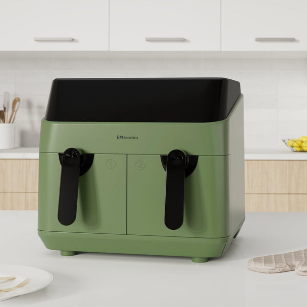 EMtronics EMAFDD9LSG Dual Air Fryer Extra Large Family Size Double XL 9 Litre with 8 Adjustable Pre-Set Menus for Oil Free & Low Fat Healthy Cooking,