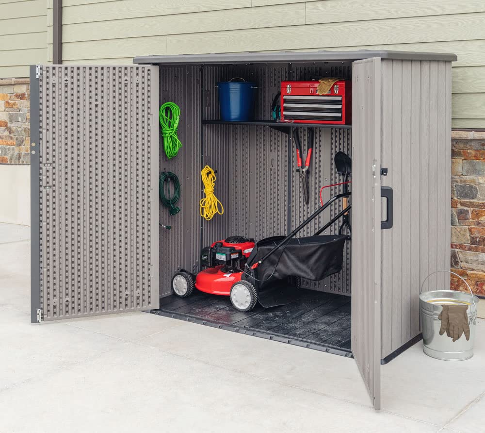 LIFETIME Plastic Wood Grain Textured Storage Box Desert Sand/Grey, 151x72x69 cm