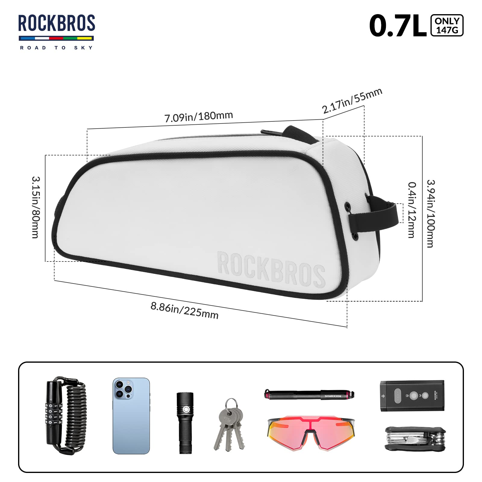 ROCKBROS Road-to-Sky Bicycle Frame Bag Top Tube Bag Waterproof 0.7L Reflective Bicycle Bag for Front Frame for MTB/Road Bike/Gravel Bike