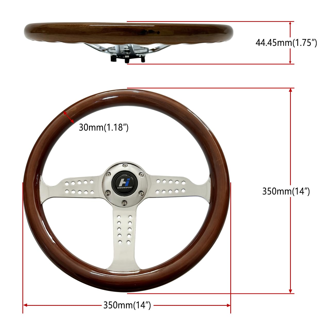 Hiracing 14" Universal Classic Wood Grain Steering Wheel Brushed 3 Spoke 1.5 Depth Steering Wheel with Horn Button 6 bolts (010)