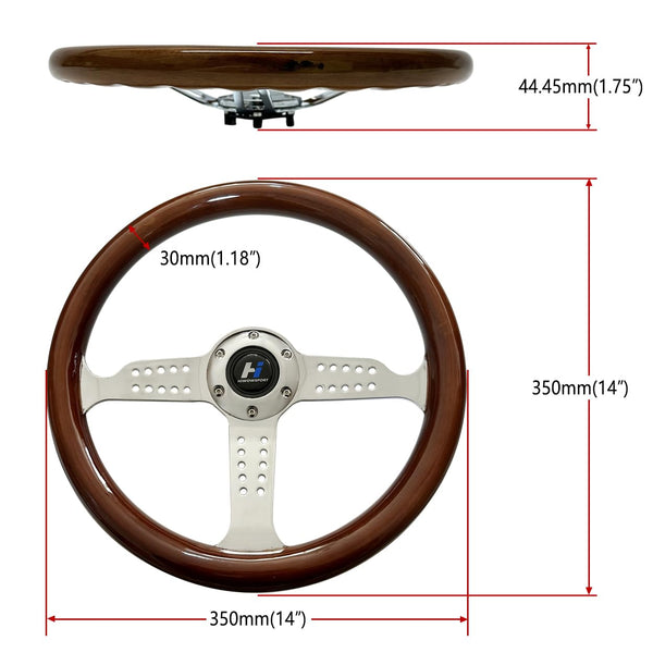 Hiracing 14" Universal Classic Wood Grain Steering Wheel Brushed 3 Spoke 1.5 Depth Steering Wheel with Horn Button 6 bolts (010)