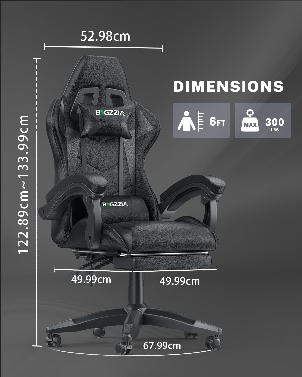 bigzzia RGB Gaming Chair with LED Lights and Ergonomic Computer Chair Reclining PU Leather High Back Video Game Chair with Headrest Adjustable Lumbar Support Linkage Armrest for Adults (Black/Grey)