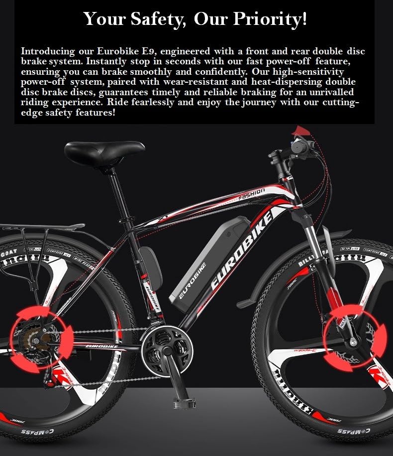 Eurobike EMTB 26 Inch Wheel Electric Mountain Bike with 27 Speeds, Dual Disc Brakes, Lightweight Aluminium Frame, and Front Suspension E-Bike E9, Black