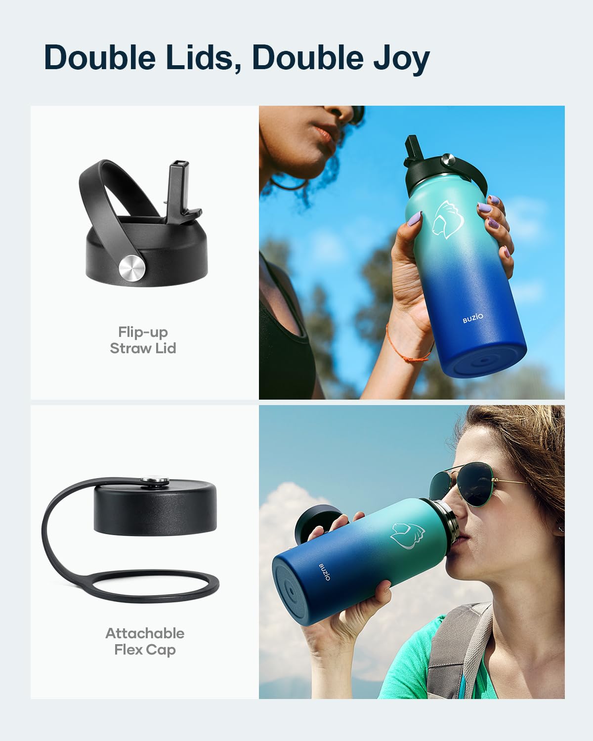 Stainless Steel Water Bottle 2L, BUZIO Vacuum Insulated Water Bottle with Straw Lid and Flex Cap Cold for 48 Hrs, Hot for 24 Hrs Double Wall Wide Mouth BPA Free Leak Proof, Black