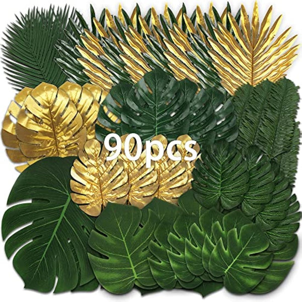 90 Pieces 11 Kinds Fake Leaves Monstera LeavesArtificial Palm Leaves Tropical Party Decorations Jungle Safari Leaves With Faux Stem For Hawaiian Luau Party Jungle Beach Table Leave Decorations
