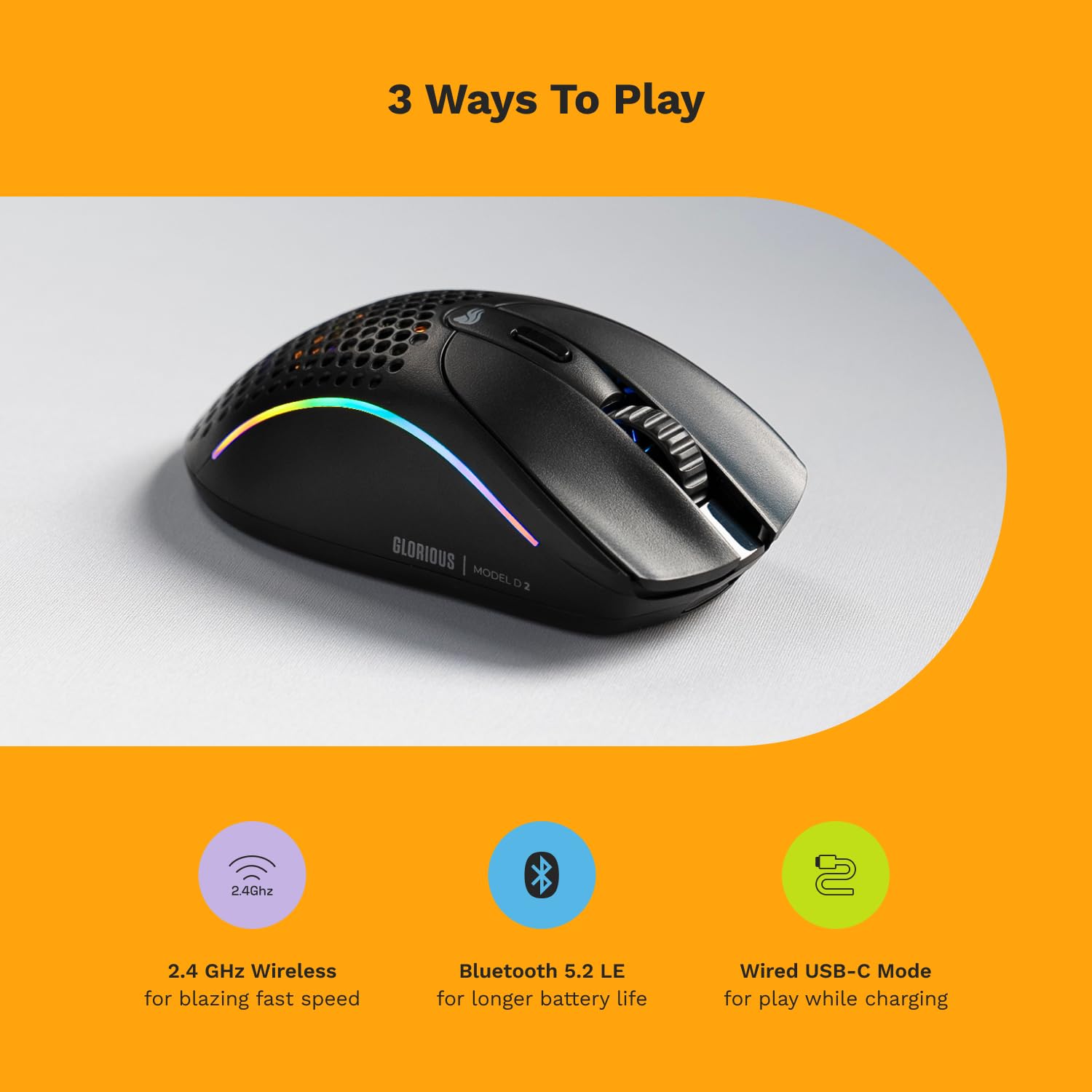 Glorious Gaming Model D Wired Gaming Mouse - 68g Superlight Honeycomb Design, RGB, Ergonomic, Pixart 3360 Sensor, Omron Switches, PTFE Feet, 6 Buttons - Glossy Black
