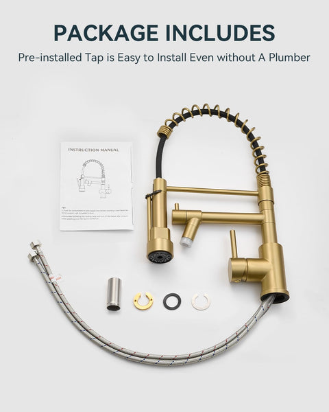 Warmiehomy 5 Modes Kitchen Taps Mixer with Pull Out Spray,High Arc 360° Swivel Dual Spout Pull Down Stainless Steel Kitchen Sink Taps,Brushed Nickel