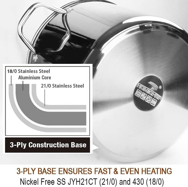 HOMICHEF Large Nickel Free Stainless Steel Stock Pot with Lid (29 cm, 15 Litre) - Mirror Polished Stock Pot 15L with Lid - Heavy Soup Pot Large