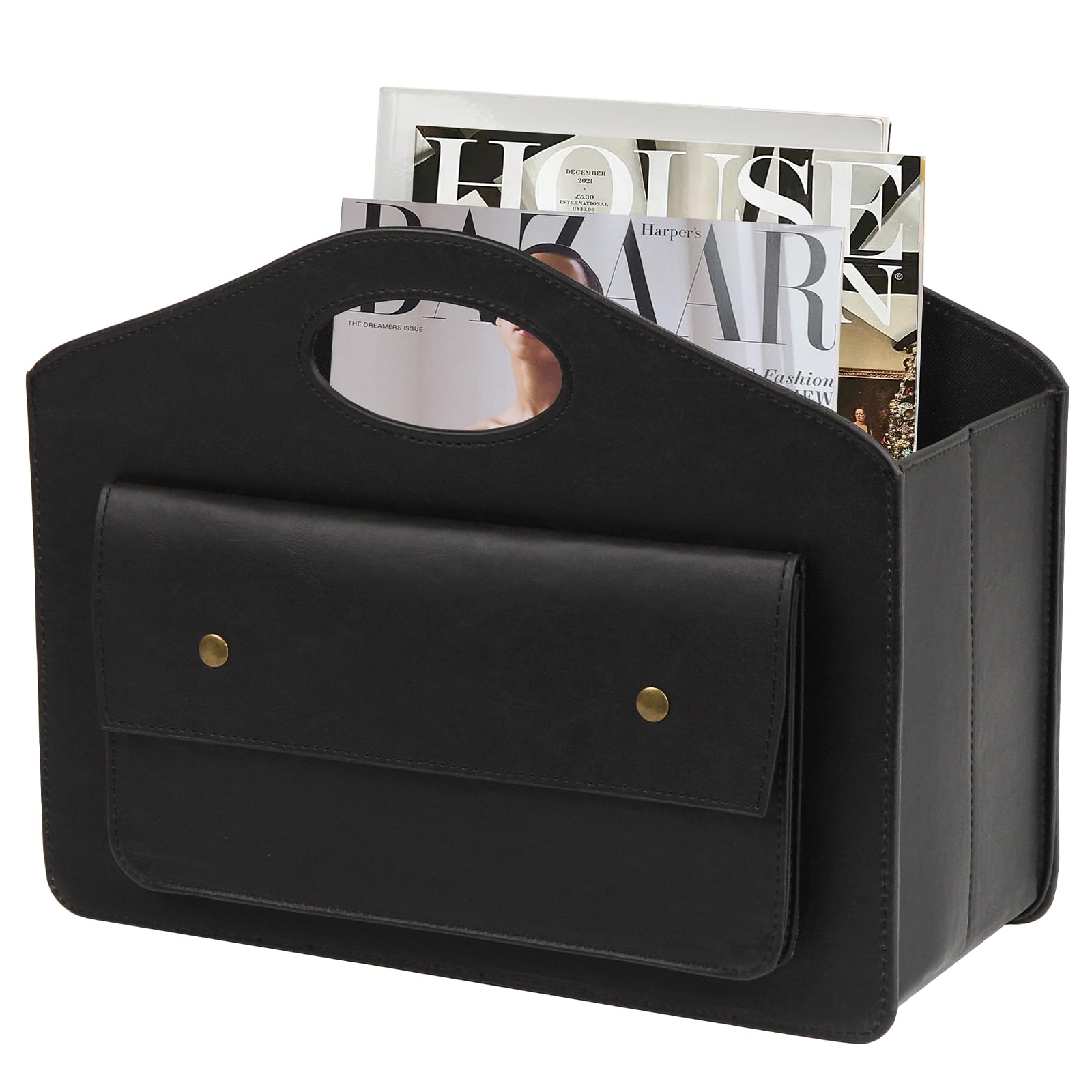 HofferRuffer Leather Magazine Holder Newspaper Rack with Handle Foldable Storage Basket with Little Front Bag Multipurpose Organizer Black 13.8*11*6