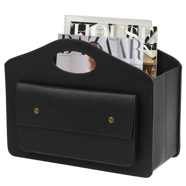 HofferRuffer Leather Magazine Holder Newspaper Rack with Handle Foldable Storage Basket with Little Front Bag Multipurpose Organizer Black 13.8*11*6