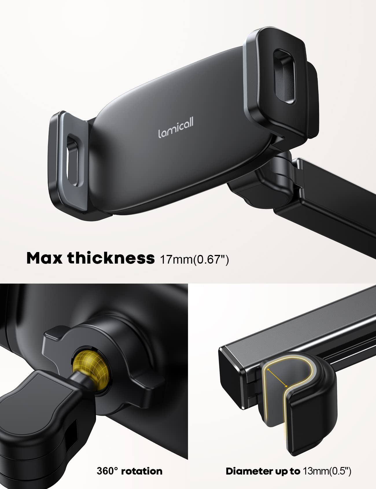 Lamicall Car Headrest Tablet Mount - [Aluminium Arm] 2025 Adjustable Car Tablet Holder, 360° Rotating Backseat Mount for Kids, for 2024 iPad Pro 13, Air 6, Mini, Tab, Phones, 4.7-13” Device - Black