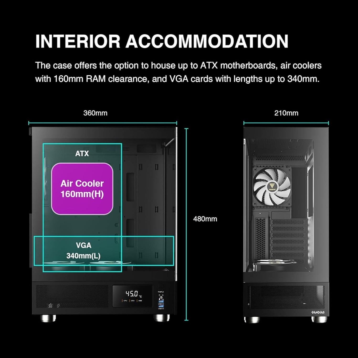 GAMDIAS ATLAS E1 Gaming ATX Mid Tower Computer PC Case, Customizable Digital Monitor w/ Software, 3 x 120mm ARGB Fans, Panoramic Tempered Glass Display, Perforated Airflow Vent PSU Chamber, Black