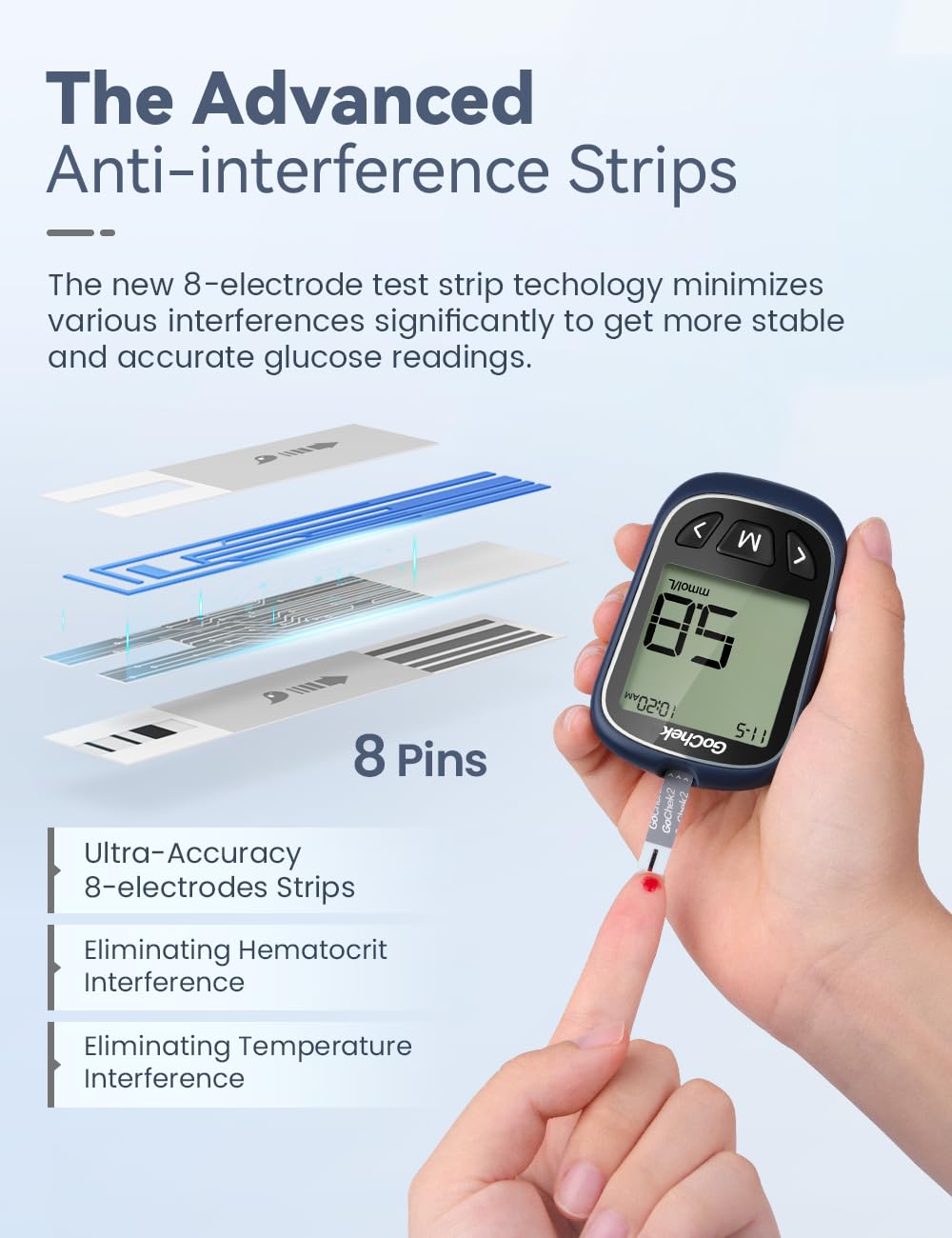 GoChek Diabetes Test Kit, Blood Sugar Tester with Ketone and Hypo Warning, 450 Memory, Blood Glucose Monitor with Test Strips*50 and Lancet*50 -in mmol/L