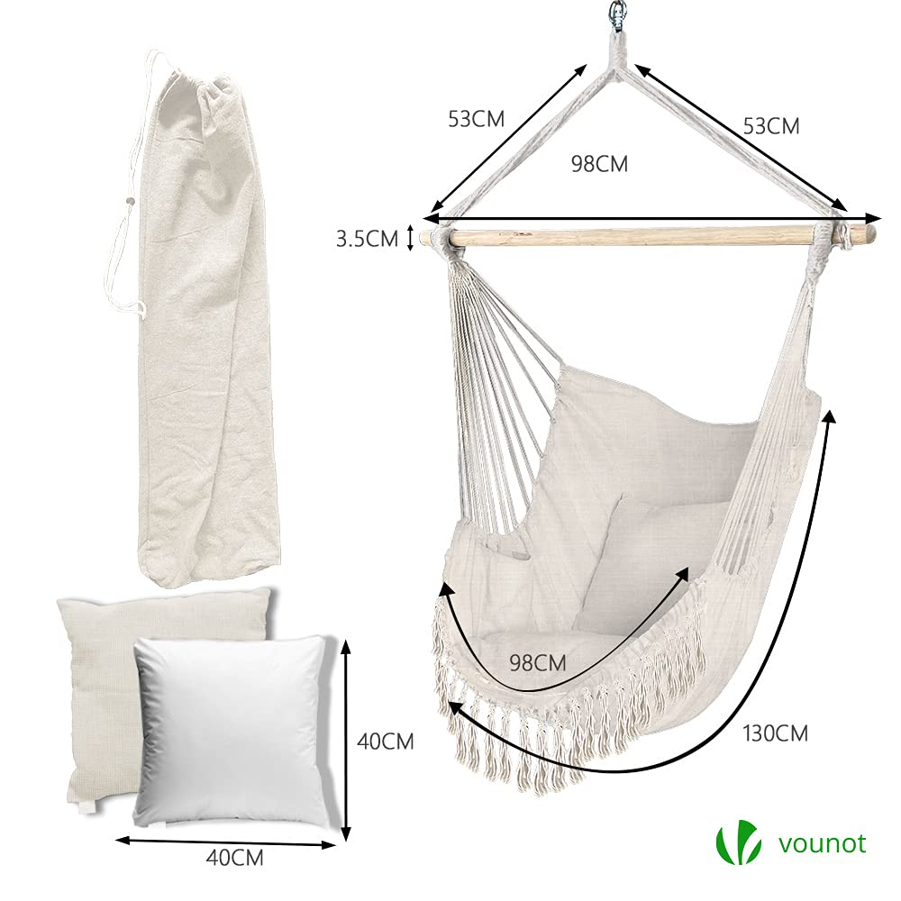 VOUNOT? Hanging Chair with Cushion, Macrame Hammock Swing Chair for Bedroom, Balcony, Patio, Garden, Indoor or Outdoor, 265LBS Capacity, Beige