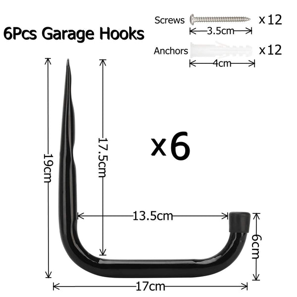 pipabiba 17cm Garage Storage Ladder Hooks, 6 Pack Heavy Duty Wall Mount Utility Hanger Organizer to Folded Chairs, Bicycles, Power Tools, Garden Hoses (19cm x 17cm)