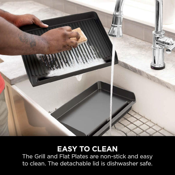 Ninja Sizzle Low Smoke Electric Indoor Grill & Flat Plate, 1460W, with Non-Stick Grill Plate & Flat Top Plate, Detachable Dishwasher Safe Lid, Grease Catch & Recipe Guide, Grey GR101UK