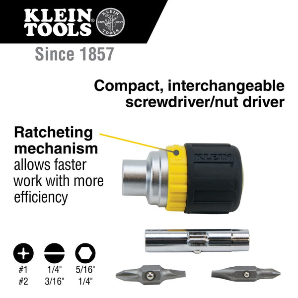 6-in-1 Ratcheting Stubby Screwdriver with Square Recess Klein Tools 32594