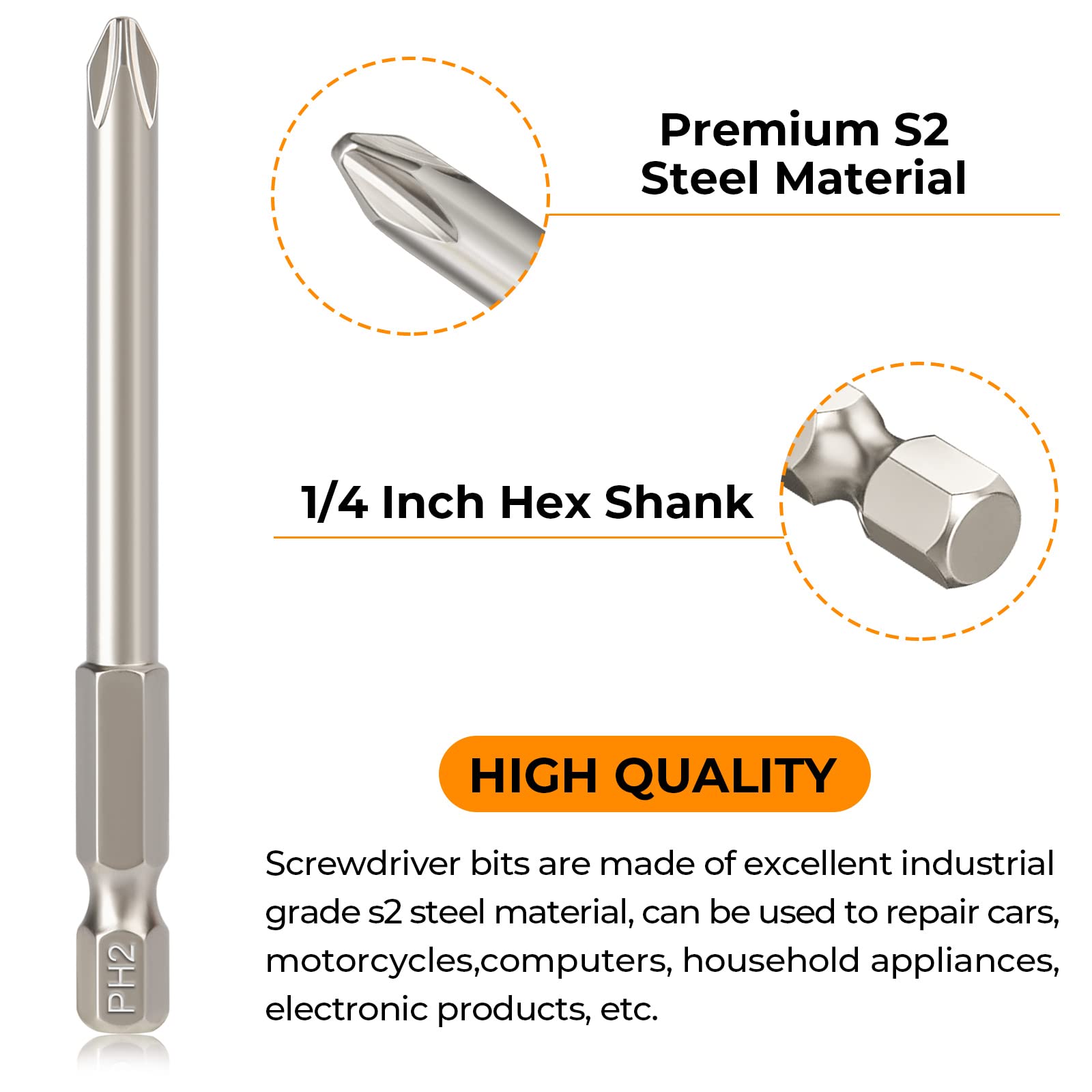 Hakkin 12PC Screwdriver Bits Set - S2 Steel, Magnetic, 3 Inch Slotted & Phillips, 1/4" Hex Shank for Power Screwdriver, Drill, Impact Driver