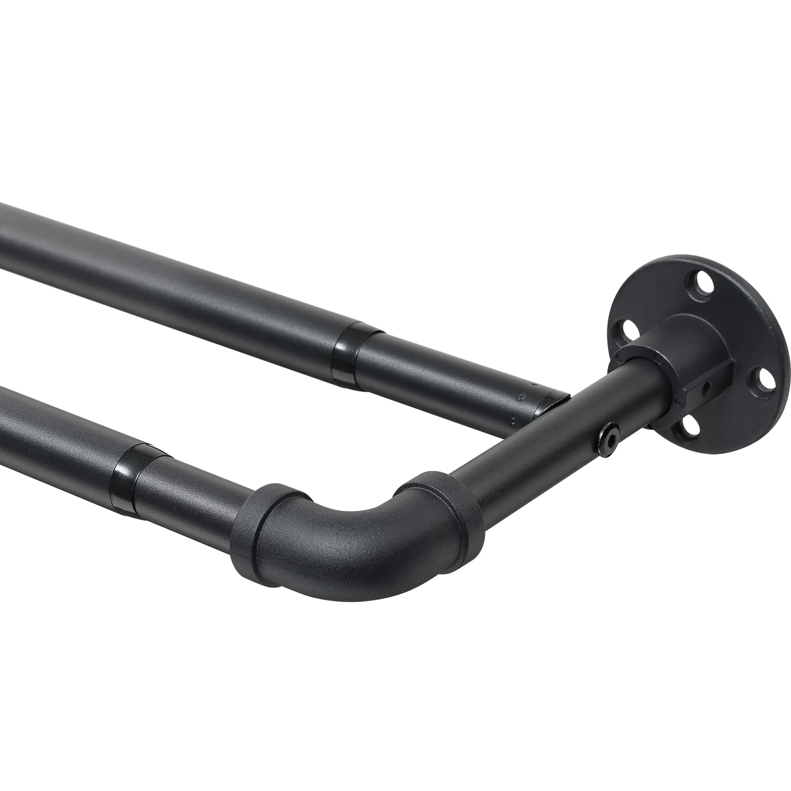 Harrms Industrial Double Curtain Pole, Curtain Poles for Eyelet Curtains, Matt Black, 74-236cm, Extendable Metal Curtain Rod Blackout Room Darkening