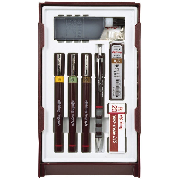 rOtring Isograph Pen Set Technical Pen & Pencil College Set | 3 Pens (0.20mm0.30mm0.50mm) and Mechanical Pencil (0.5mm) + Accessories