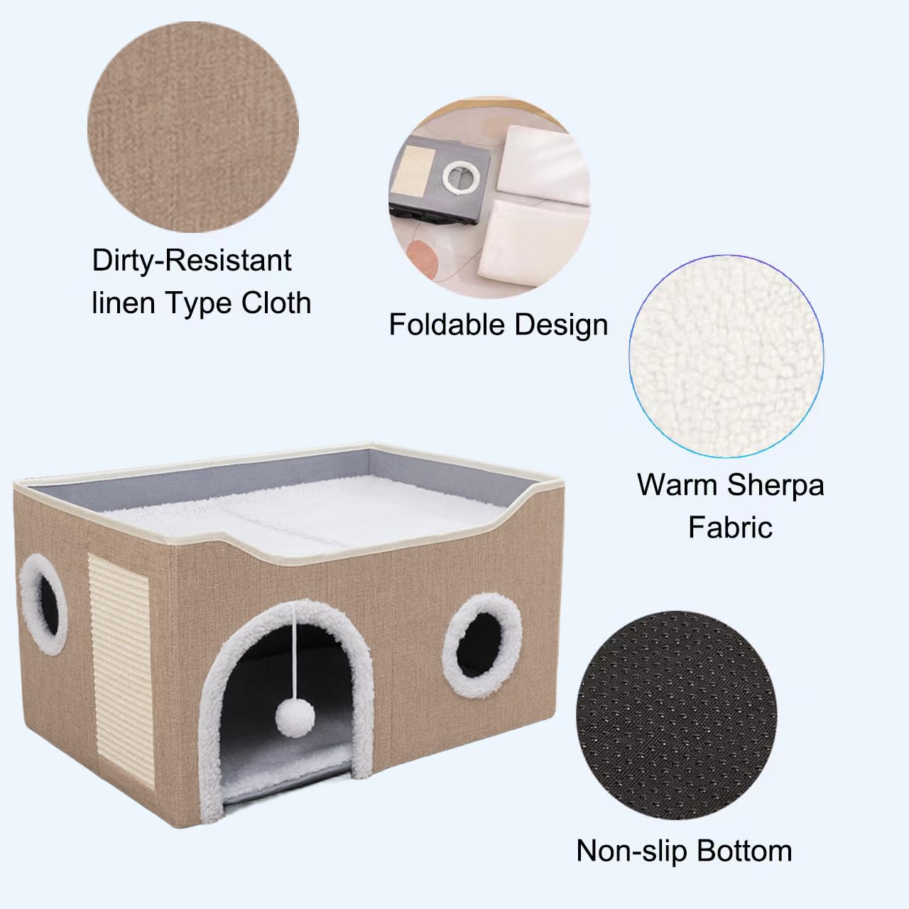 ERNAN Cat Beds,Cat Bed for Indoor Cats, Foldable Cat House,Large Soft Cave Bed with Scratching Board for Small Medium Pets (kaki, M)