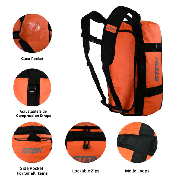 STEIN 40L, 70L, 90L Waterproof Holdall Bag & Rucksack, Durable PVC for Outdoors, Camping, Sports, Watersports (70L, Orange)